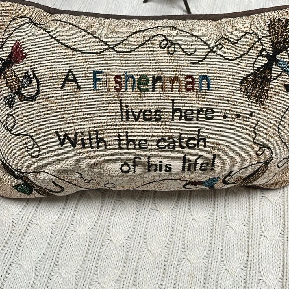 Decorative pillow. Fisherman flies fishing line tapestry black back fabric